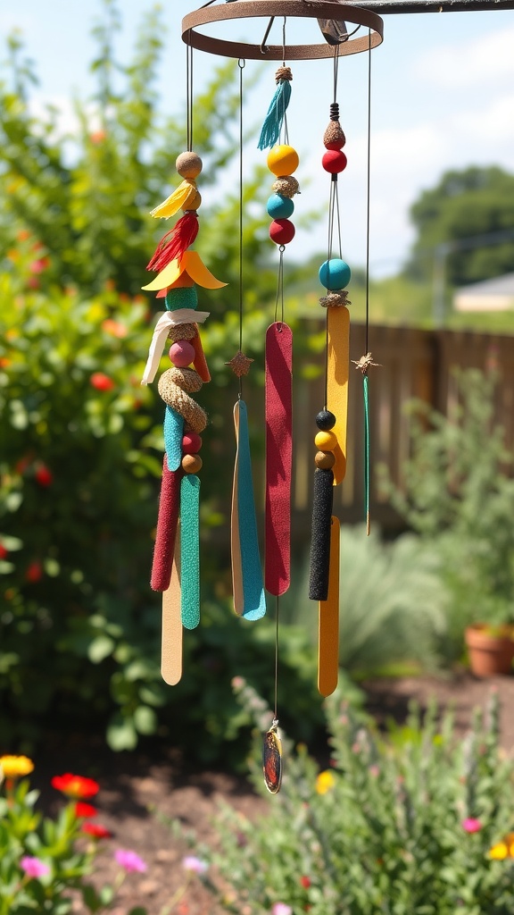Colorful DIY wind chimes made from recyclables, hanging in a garden