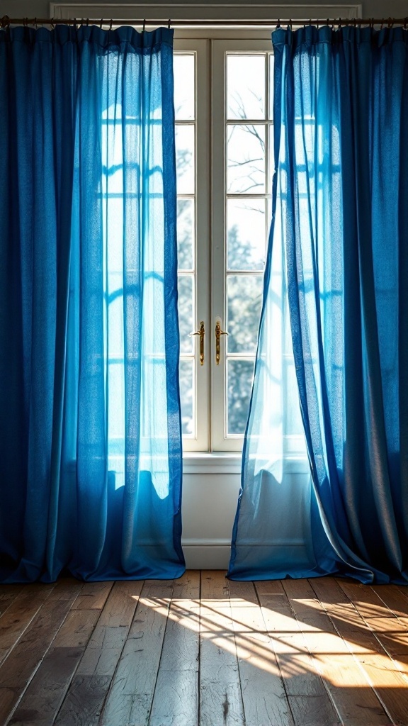 Sheer blue curtains hanging in front of a window, allowing sunlight to filter through.