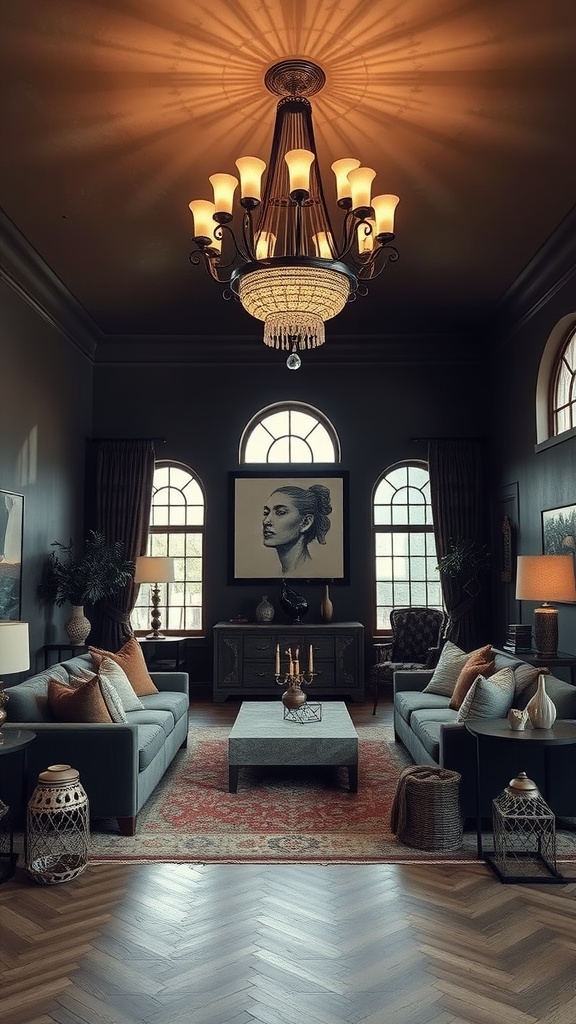 A cozy living room with a dramatic chandelier, featuring dark walls, elegant furniture, and warm lighting.