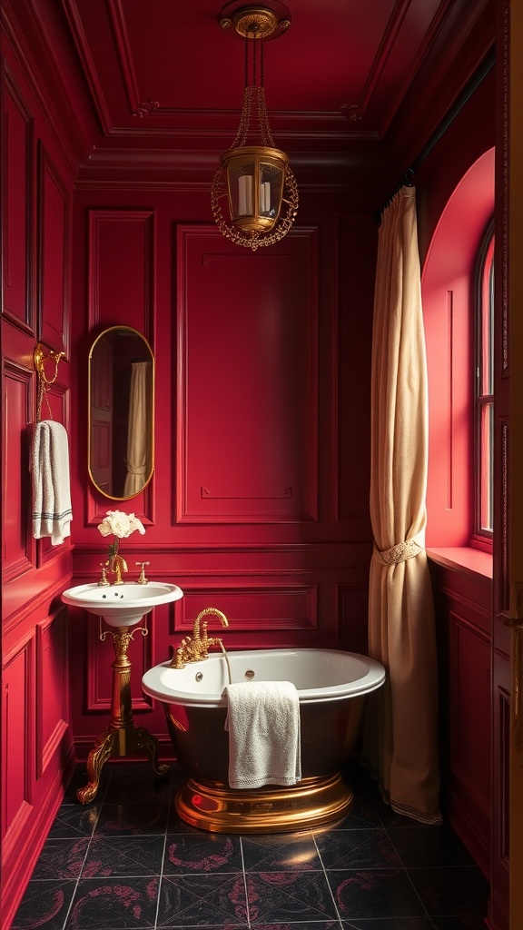 A bathroom featuring dramatic dark red walls, a vintage bathtub with gold accents, and soft curtains.