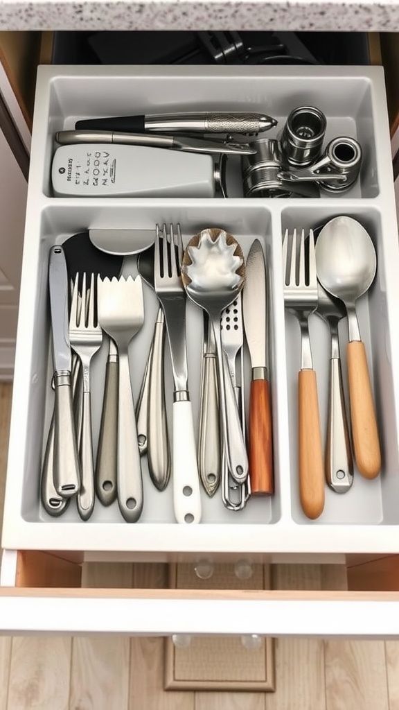A neatly organized kitchen drawer with utensils separated by compartments.