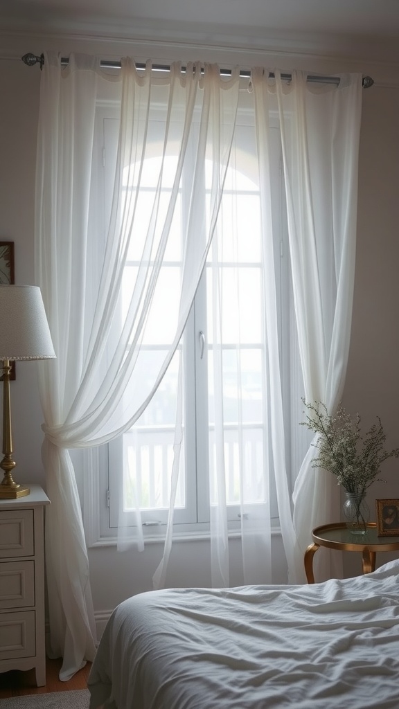 A cozy bedroom featuring sheer white curtains draped over a window, soft bedding, and a small table with flowers.