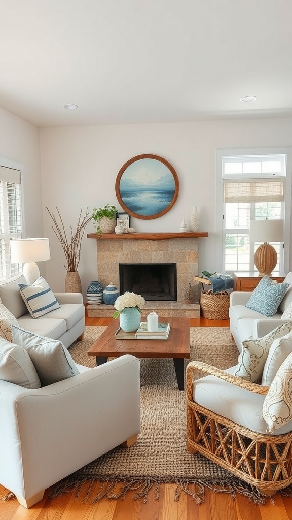 A cozy living room featuring driftwood decor elements and a natural color palette.