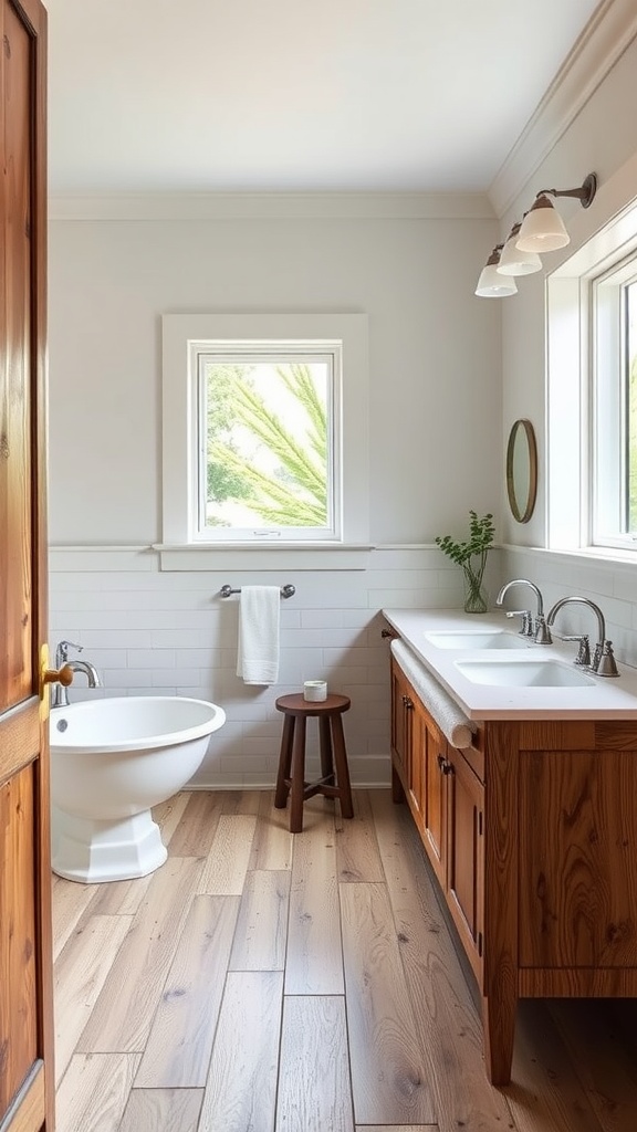 Farmhouse bathroom with dual sinks, wooden vanity, and natural light