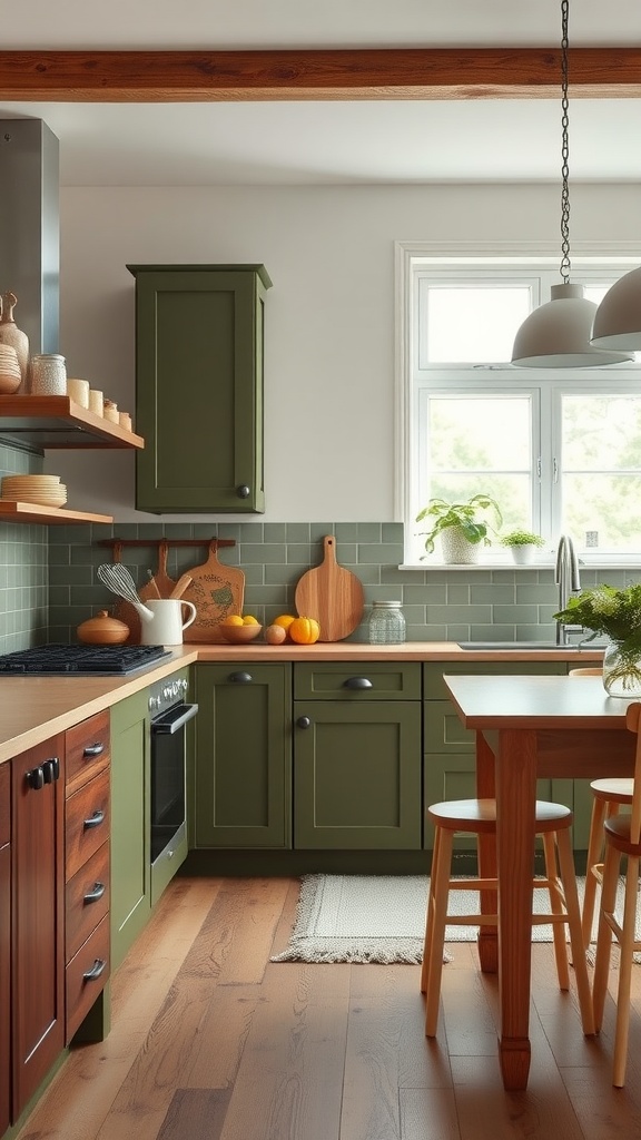 A kitchen showcasing an earthy color palette with green cabinets and wooden accents.