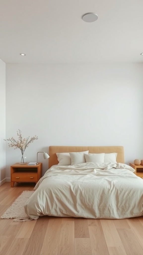 A minimalist bedroom featuring earthy tones with a wooden bed, beige bedding, and light wooden flooring