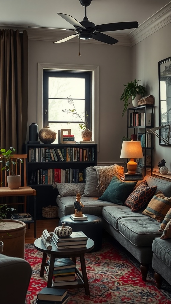 Cozy living room nook with a grey sofa, bookshelves filled with books, and warm lighting.