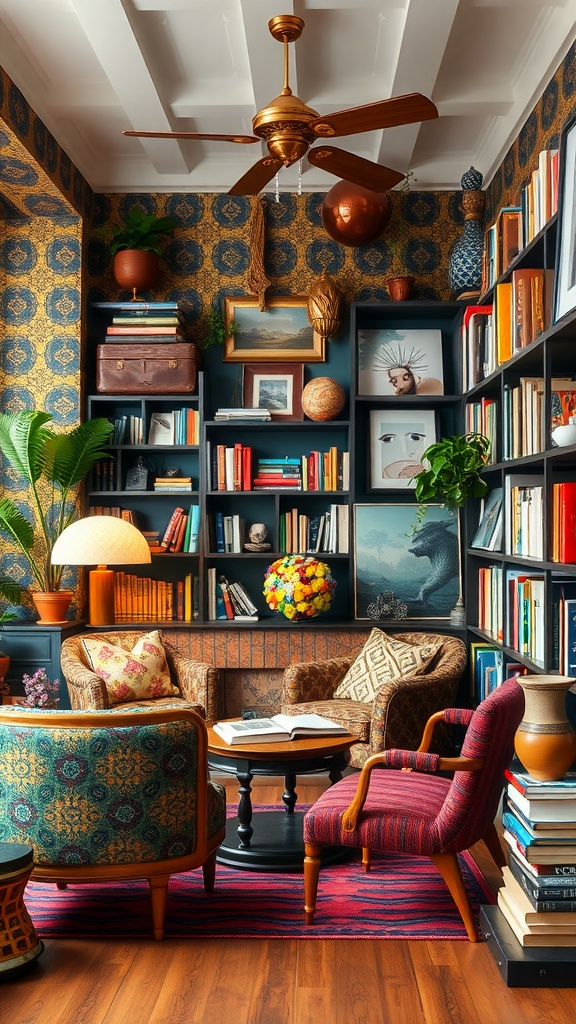 A cozy reading room featuring a mix of colorful patterns and textures, with bookshelves and comfortable seating.