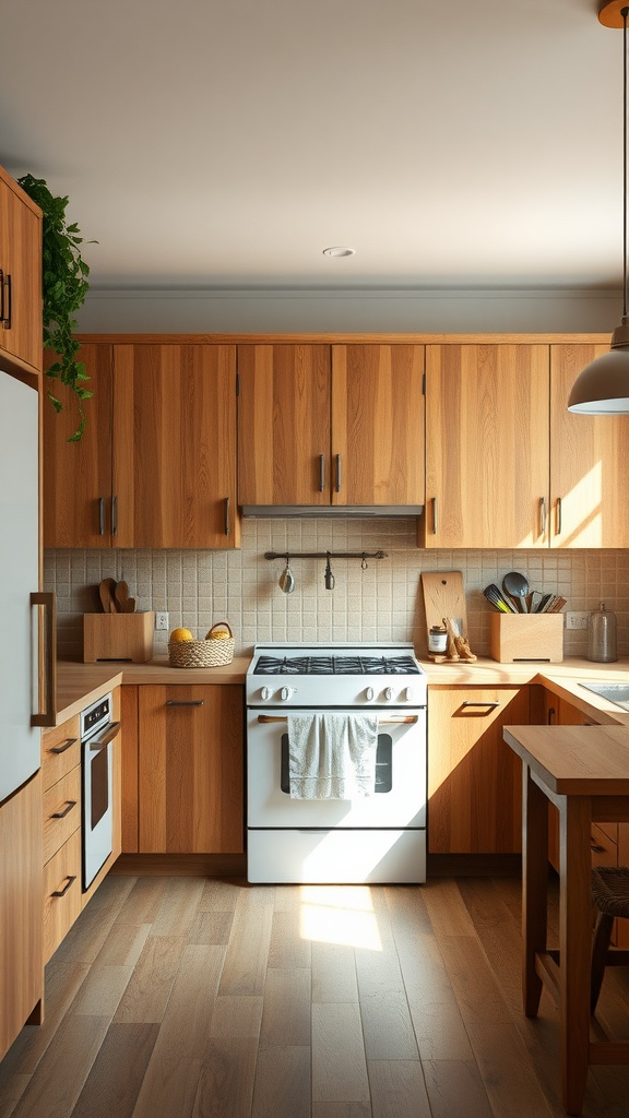 A modern kitchen with wooden cabinets, a white stove, and natural light.