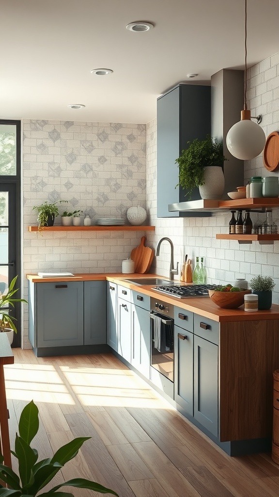 Modern farmhouse kitchen featuring eco-friendly materials and finishes, including wood accents and recycled countertops.