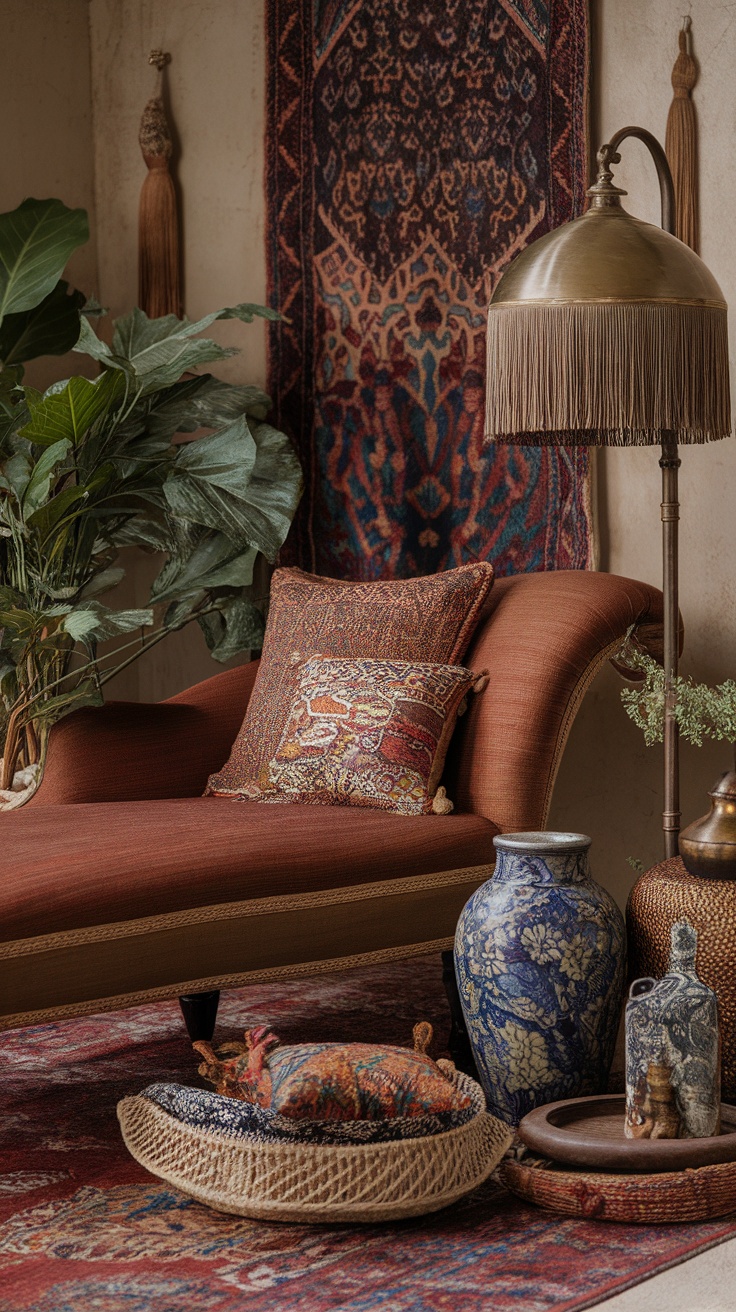 A vintage-style chaise lounge in a cozy living room filled with eclectic decor.