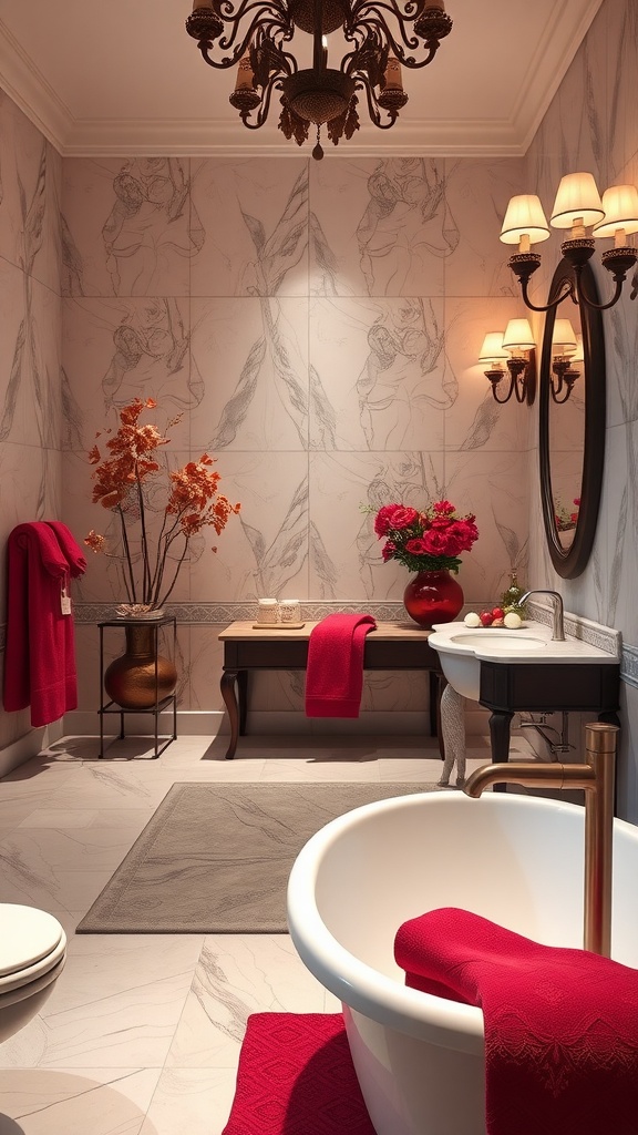 Elegant bathroom design featuring crimson accents, including red towels, flowers, and decor.