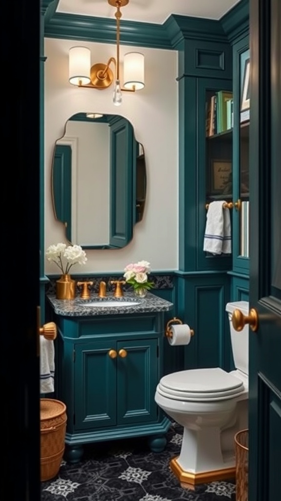 Elegant powder room featuring teal cabinetry, gold fixtures, and floral decor.