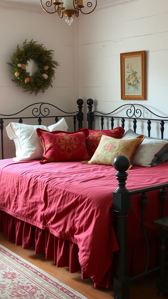 A cozy bedroom featuring elegant red bed linens, decorative pillows, and farmhouse decor elements.