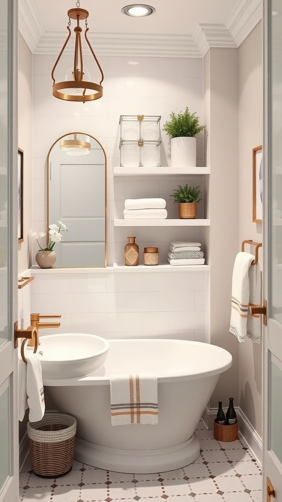 Elegant bathroom design featuring a bathtub, decorative shelving, and stylish storage solutions