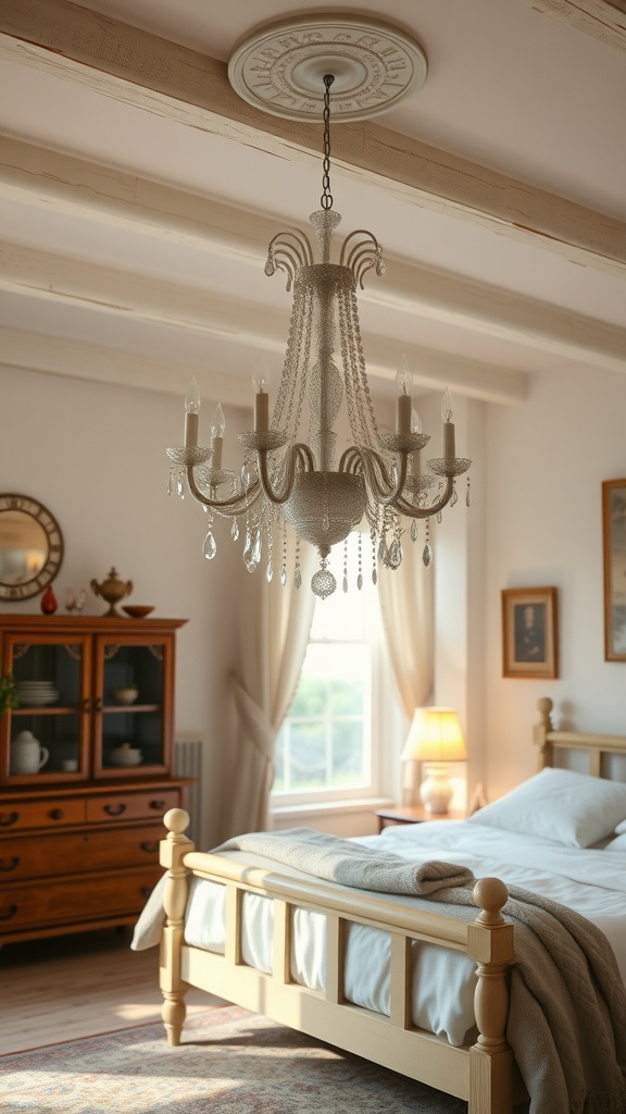 A cozy country bedroom featuring an elegant white chandelier, wooden furniture, soft bedding, and a warm atmosphere.