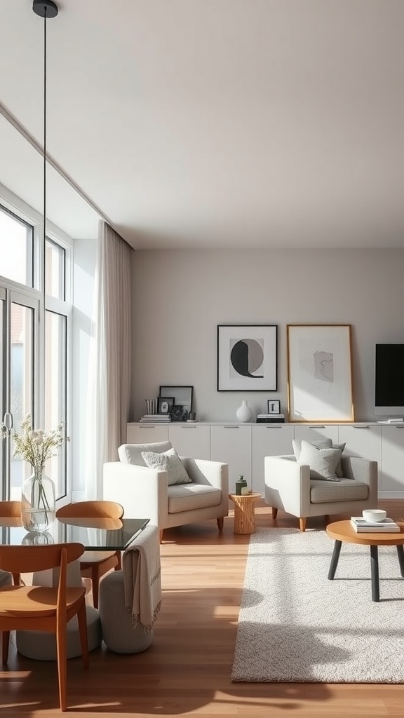 A minimalistic living room and dining room combo featuring a light color palette, modern furniture, and large windows.