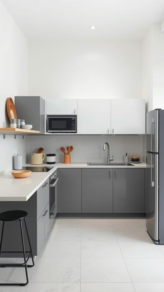 A modern minimalist kitchen with grey cabinets and light countertops.