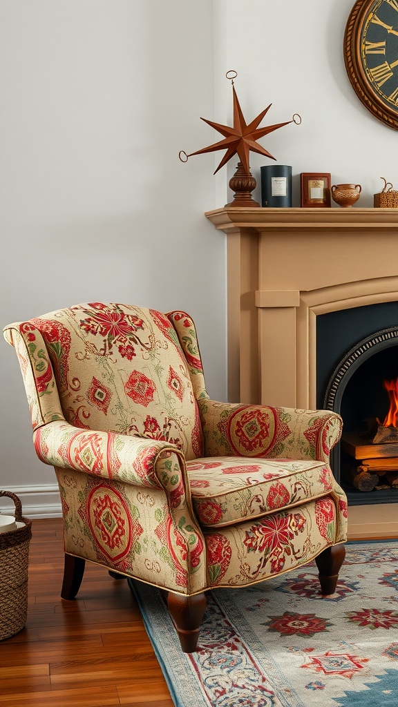 Embroidered armchair in a cozy living room setting
