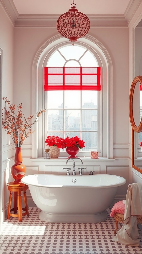 A bathroom featuring light red shades with a freestanding bathtub, vibrant flowers, and a window with red treatments.