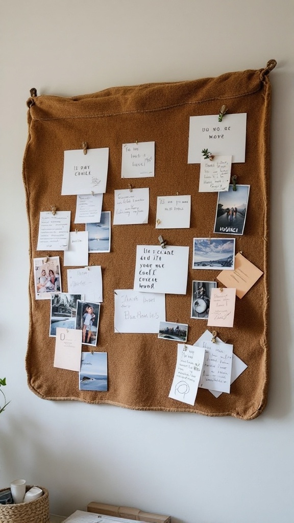 A fabric-covered bulletin board displaying various notes and photos.