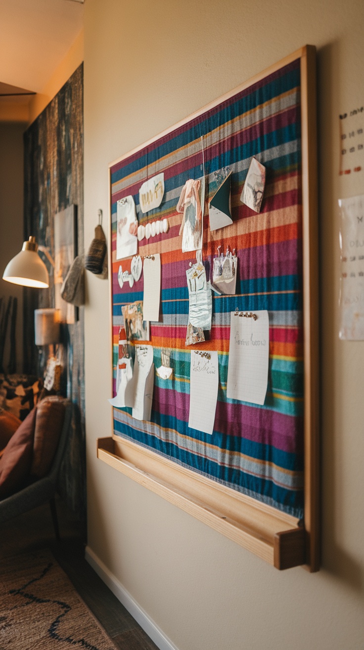 A vibrant fabric-covered bulletin board displaying photos and notes.