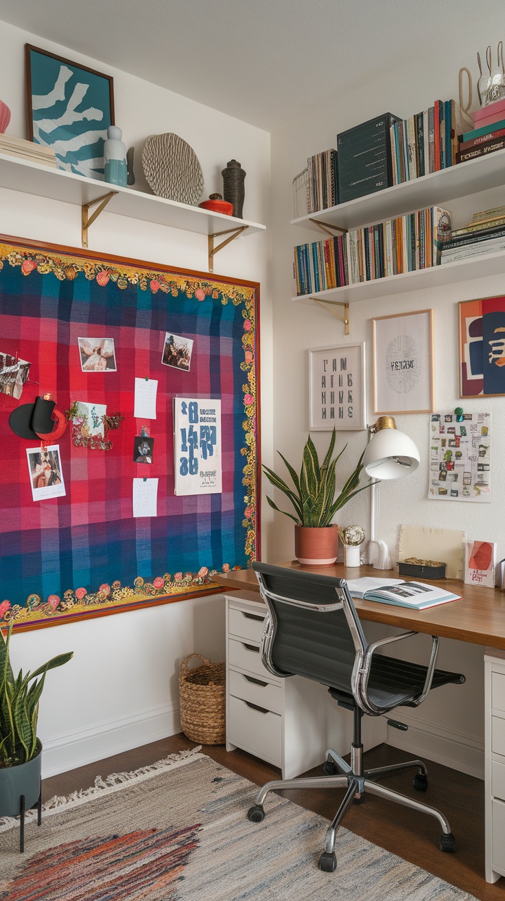 A red fabric-covered bulletin board filled with black-and-white photographs and sticky notes.