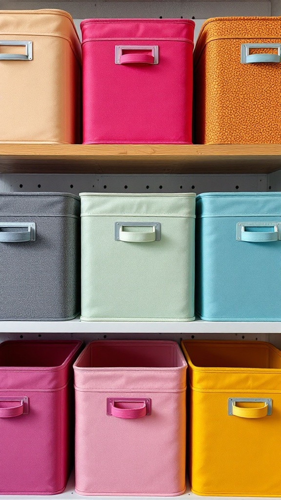 Colorful fabric-covered storage boxes neatly arranged on a shelf.