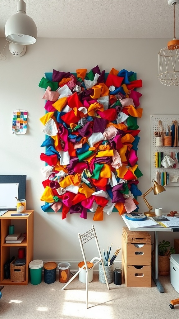 Colorful fabric scrap wall art made from various pieces of fabric, displayed on a wall with a home office setting.