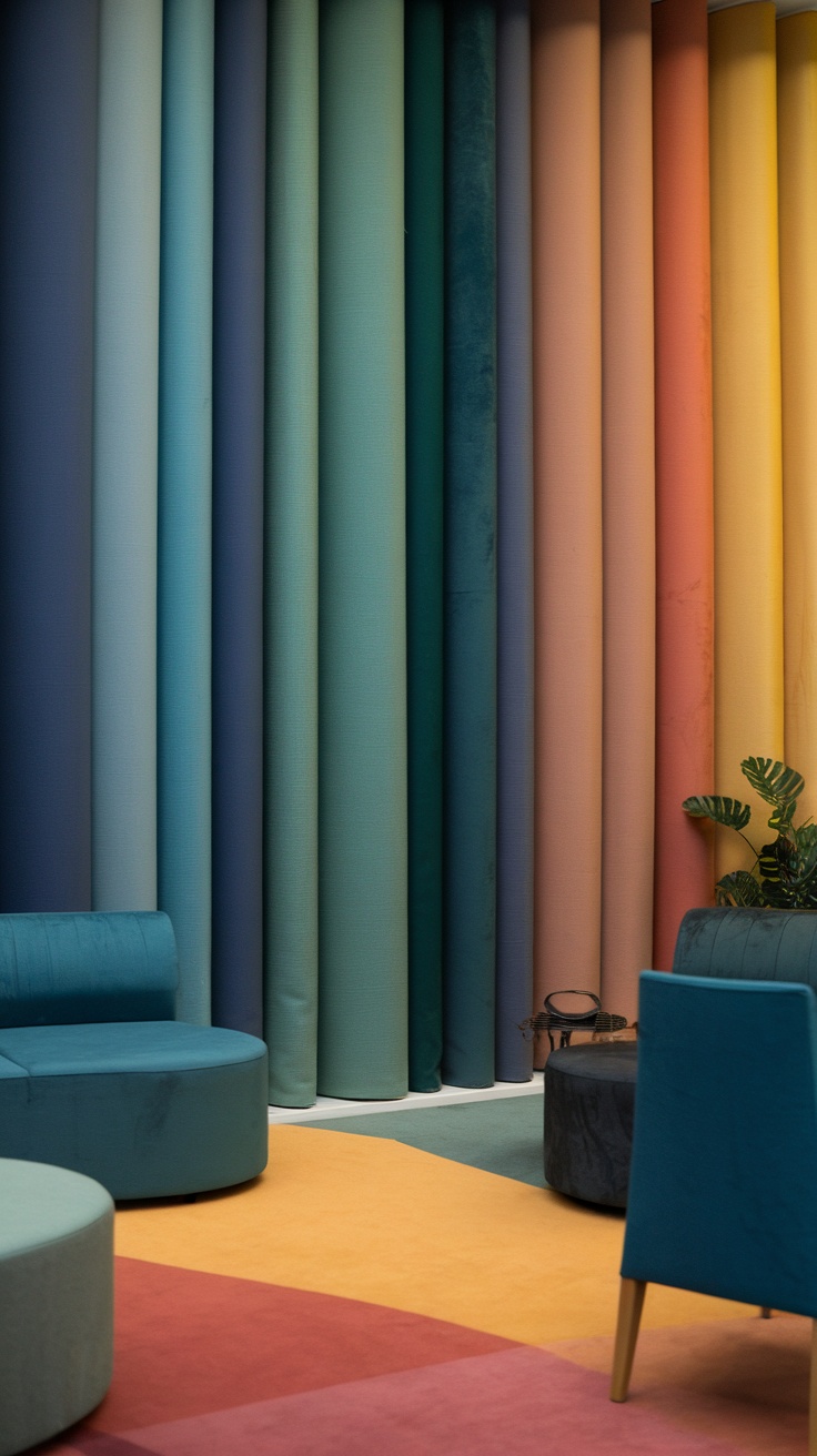 Colorful fabric wall panels in a modern setting.