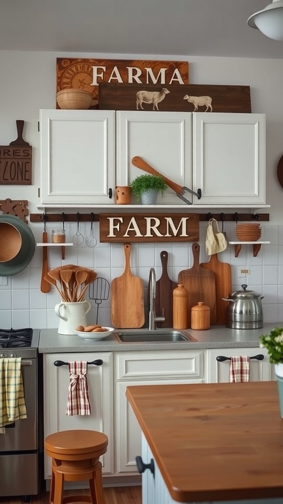 A cozy farmhouse kitchen featuring wooden signs, kitchen tools, and rustic decor.