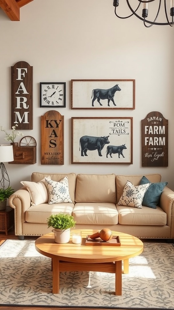 Farm-themed wall art in a cozy living room setting with a 'FARM' sign and animal silhouettes.
