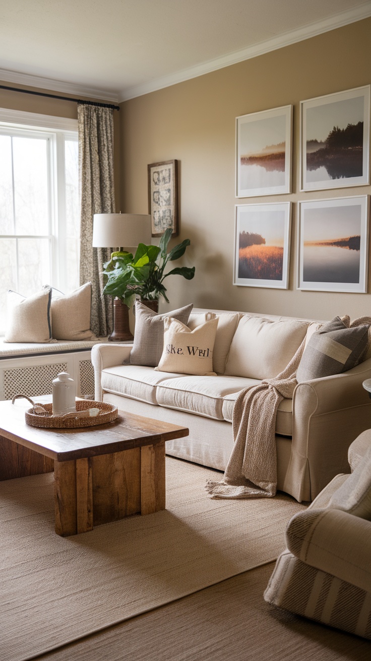 Cozy farmhouse living room with soft colors, rustic decor, and comfortable furniture