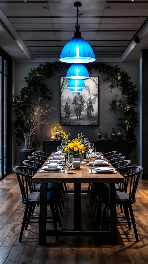 Dining area with blue pendant lights above a wooden table, surrounded by black chairs and greenery.