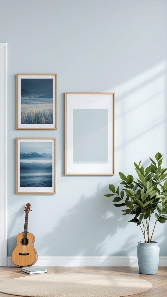 A light blue wall with three framed art pieces depicting landscapes, a guitar, and a potted plant