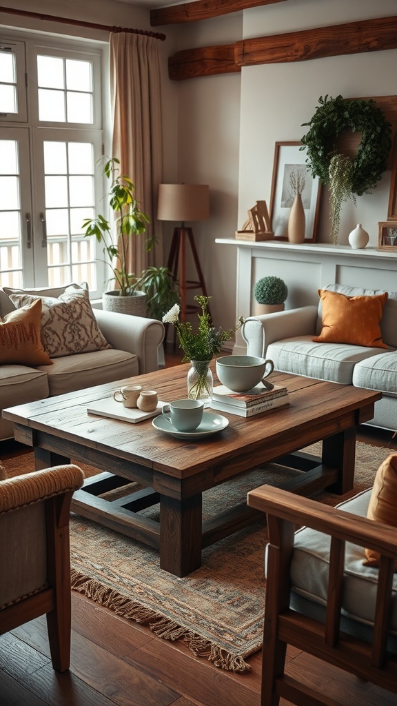 Cozy farmhouse living room with a wooden coffee table, decorative items, and soft furnishings