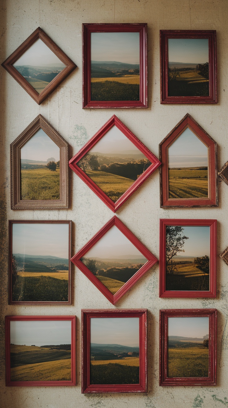 A wall display featuring multiple red picture frames with black-and-white photos of families.