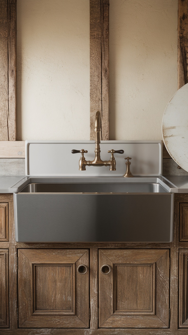 Farmhouse sink with vintage fixtures and wooden cabinetry in a modern kitchen.