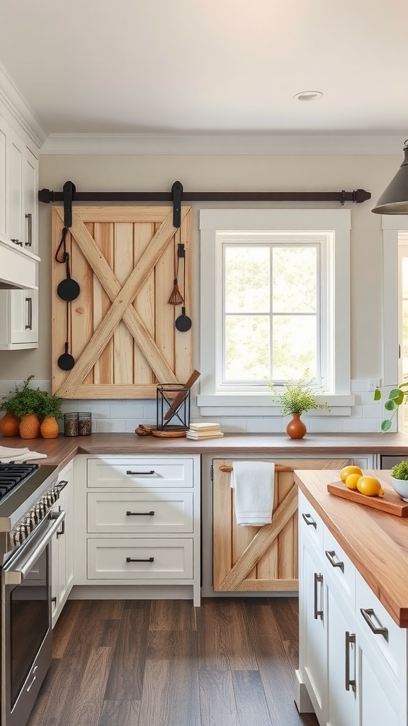 A cozy kitchen with wooden farmhouse sliding door cabinets, white cabinetry, and fresh decor.