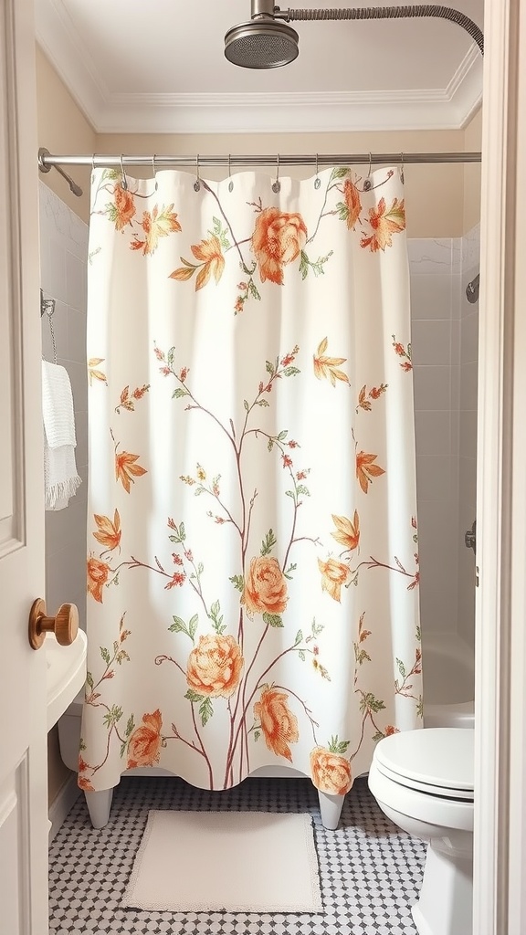 A bathroom featuring a floral shower curtain with orange roses and green leaves on a white background.