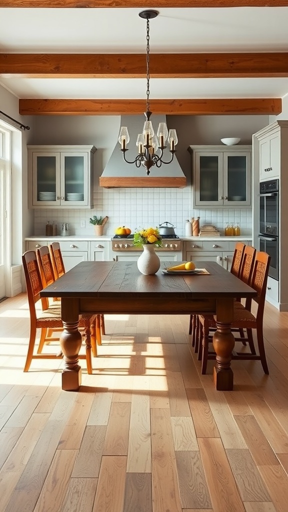A modern farmhouse kitchen featuring a central wooden table surrounded by chairs and bright lighting.