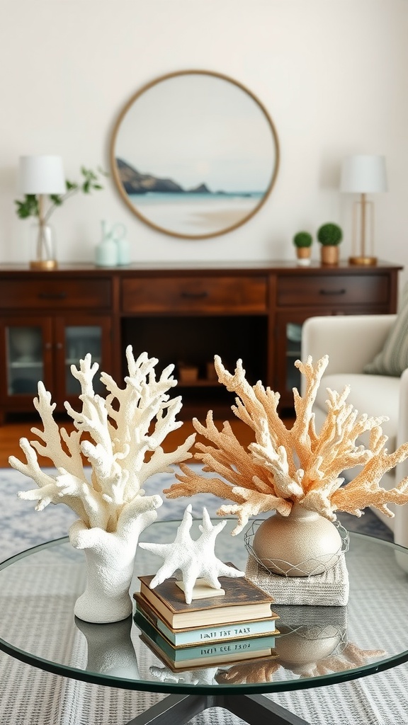 Decorative faux coral arrangements on a glass table with books, featuring a round artwork in the background.