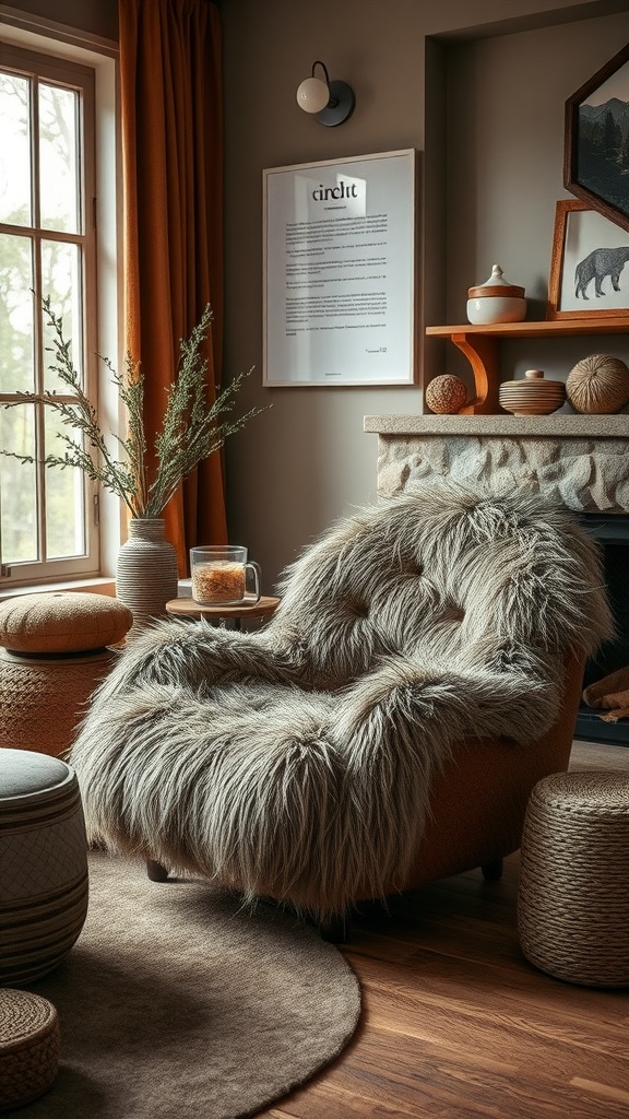 Cozy faux fur lounge chair in a boho living room setting