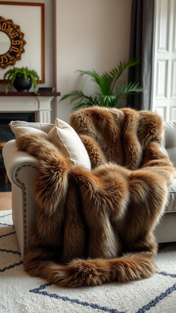 A cozy living room featuring a faux fur throw blanket draped over a beige couch, with a potted plant and a decorative wall mirror in the background.