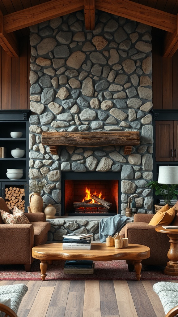 A cozy farmhouse living room featuring a rustic stone fireplace as the focal point, with comfortable seating and natural decor.