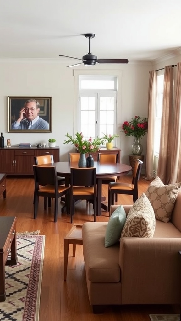 A cozy living and dining room combo featuring a sofa, dining table, and decorative elements.