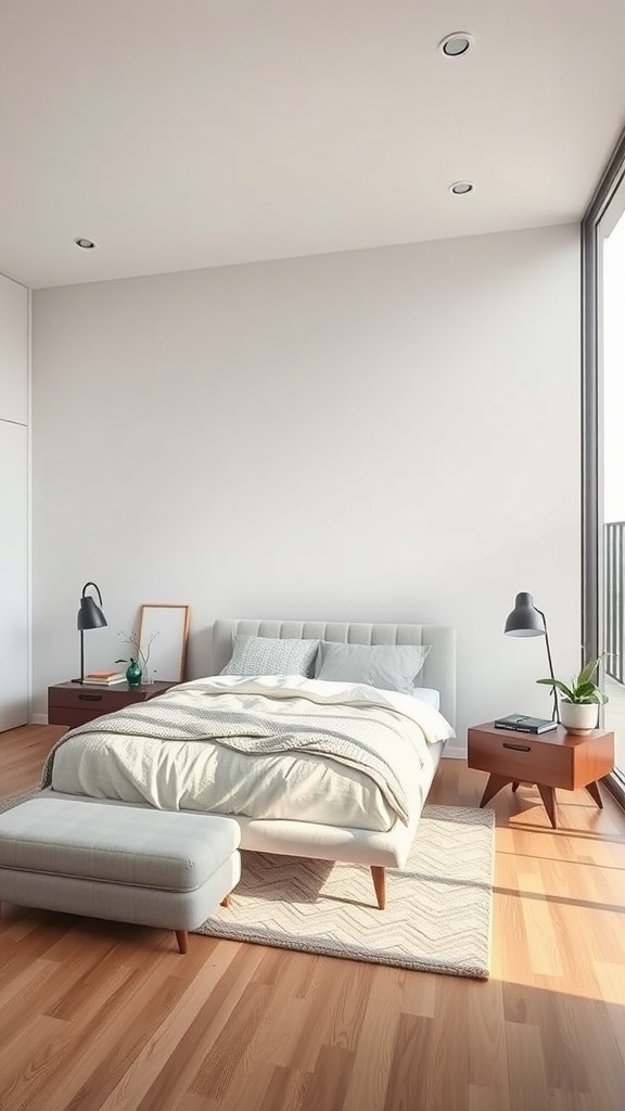 Minimalist bedroom with floating furniture, featuring a bed, ottoman, and nightstands.