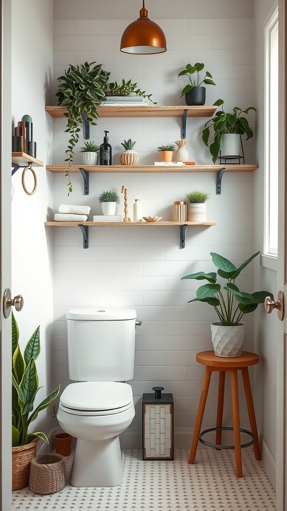 A small bathroom with floating shelves holding plants and decorative items.