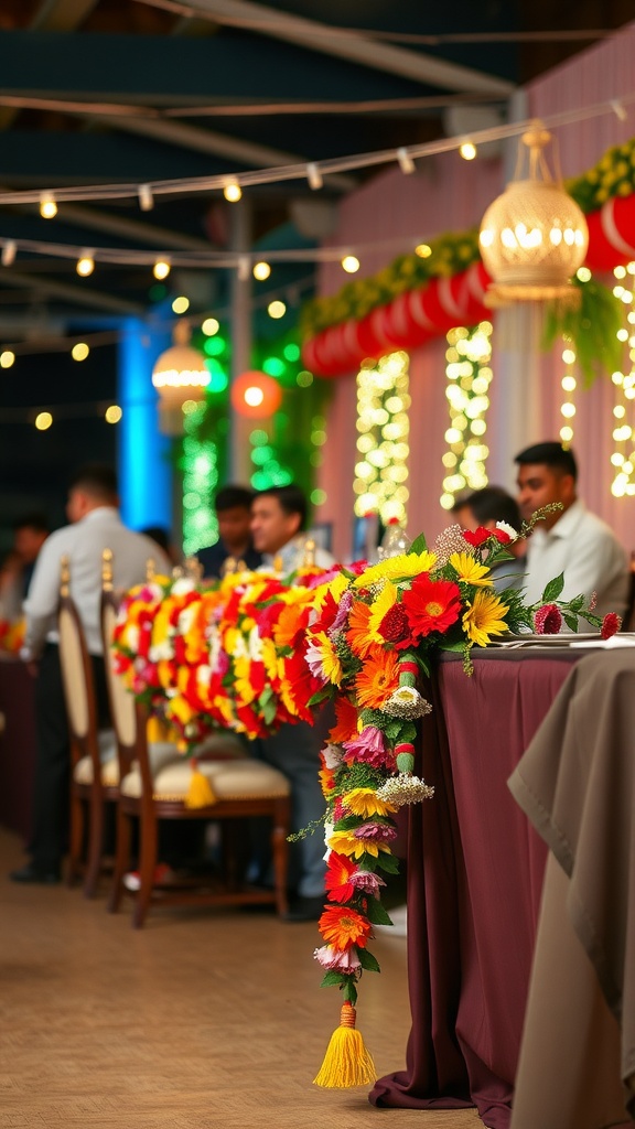 A vibrant flower garland draped along a table at a festive event, surrounded by guests.