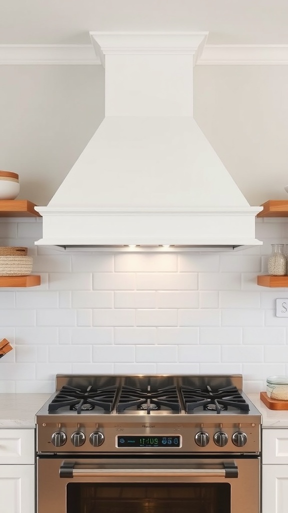 Modern farmhouse kitchen with a stylish white hood vent above a stainless steel stove, complemented by open shelving.